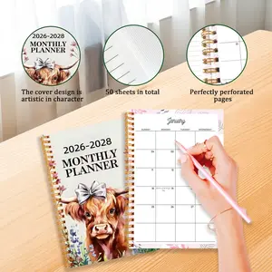 2026-2028 High Mountain Cow Monthly Planner Notebook, Cute Bow Floral Spiral Coil Notebook, 100 Pages Schedule Planner, Girls' Gift