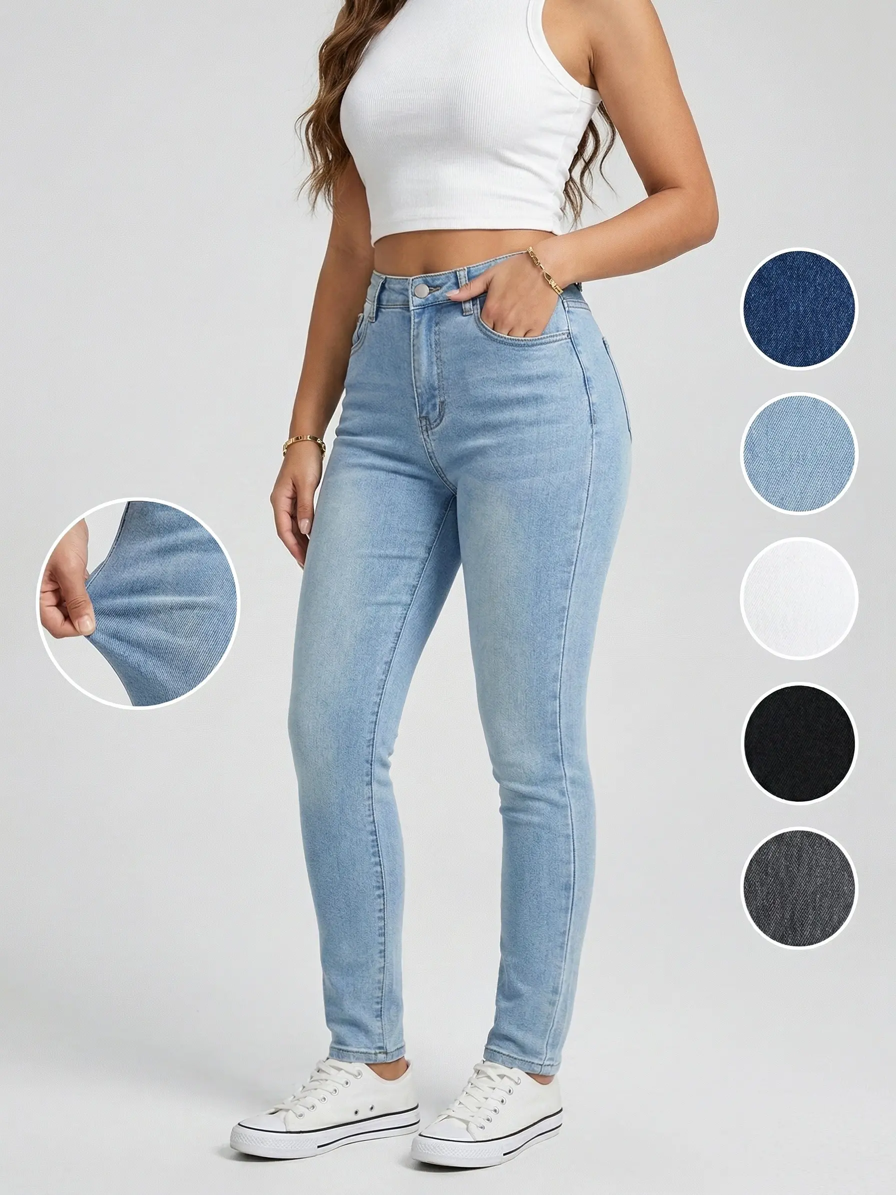 Women's Premium Denim High-Waisted Slim Fitting Crop Jeans - All Season, Stretch Fabric with Tummy Control, Butt Lifting Effect, Chic Plain Design, Bodycon Look