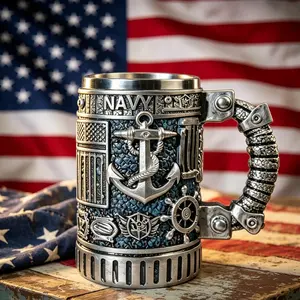 TacticalMugHub US Navy Themed Stainless Steel Mug, Nautical Anchor Ship Wheel Tactical Tankard, Collectible Drinkware Gift for Sailors Veterans Dad 8-10oz
