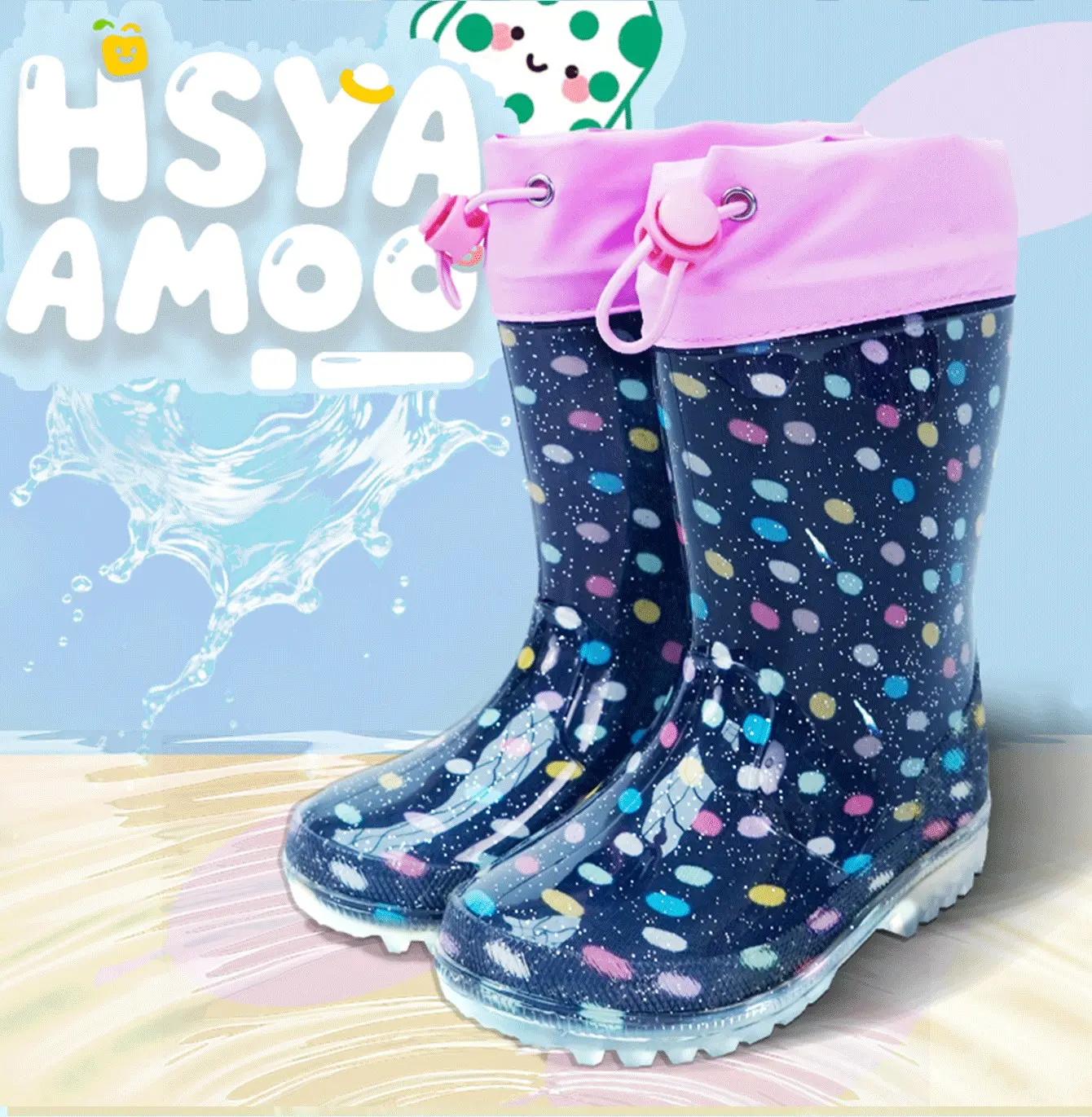 Kids Drawstring Rain Boots, Waterproof Non-Slip Navy Polka Dot Rain Shoes for Boys and Girls