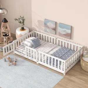 Bellemave  Twin Size Floor Bed with Fence and Door,Rubber Wood Floor Bed with Safety Guardrails