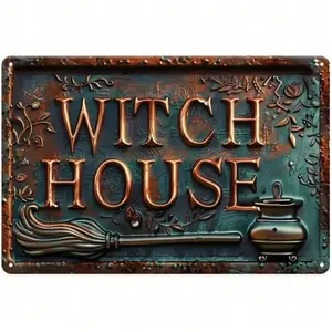 Vintage Witch Broom Cauldron Aluminum Metal Sign Gothic Dark Academia Aesthetic Room Wall Decor for Home Bar Halloween