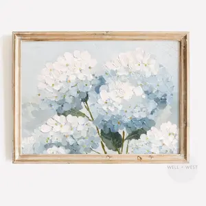 Pastel Blue Hydrangea Print | Vintage Style White Floral Wall Art | Coastal Living Room Art | Cottagecore Decor |Frameless Poster D
