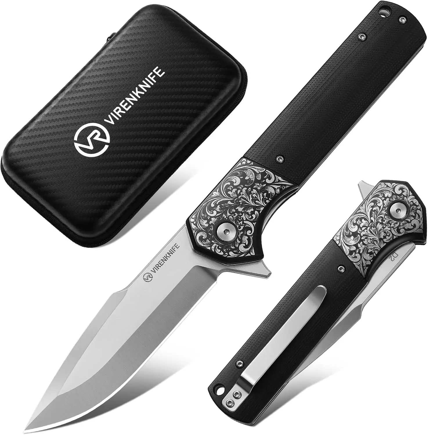 VIRENKNIFE Pocket Knife for Men, 3.9 inch D2 Steel Blade G10 Handle Folding Knife with Pocket Clip for Men Women, Sharp Camping Survival Hiking Knives（Black）