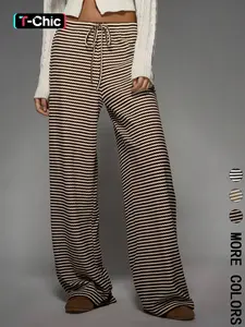 Striped Adjustable Drawstring Knit Casual Loose Wide Leg Pants, Comfortable Relaxed Fit Trousers for Everyday Wear, Perfect for Leisure Activities