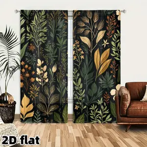 2D Flat 2Pcs Botanical Print Window Curtains Dark Background Nature Leaves Pattern Drapes Green Gold Foliage Design Blackout Curtain Panels Rod Pocket Style Living Room Bedroom Kitchen Home Decor Treatment for Sliding Glass