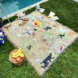 Water-washable outdoor picnic blanket with fun dog cartoon patterns – durable tear-resistant beach towel, suitable , and photography backgrounds, beige ground pattern with tassel details, garden decoration | tassel edge |