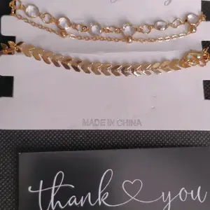 3 Piece Ankle Bracelet - Simple Design with Beads and Chevron Pattern - Made in China plated gold