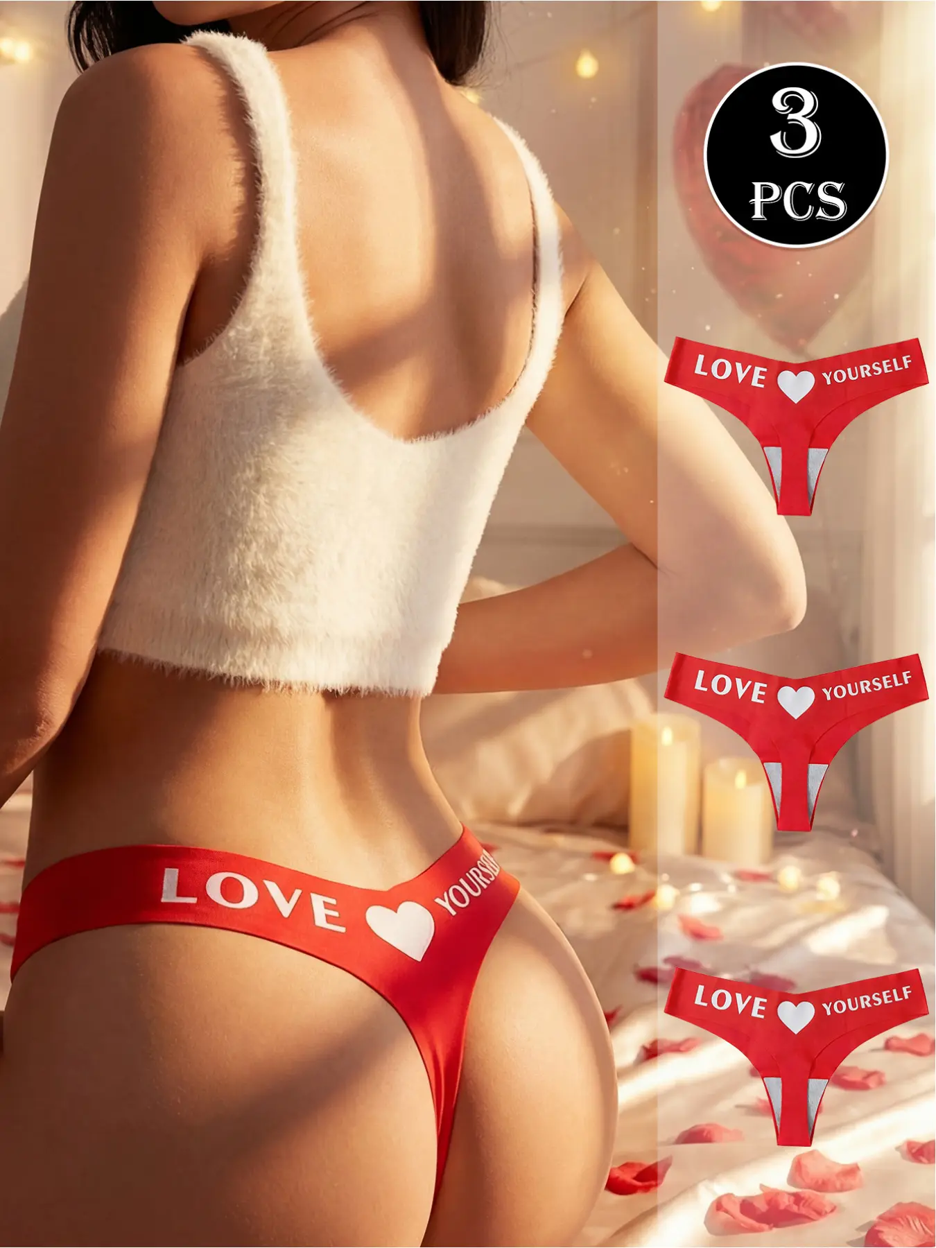 3 Pack Women's Thongs - Valentine's Day LOVE & Heart Print | Seamless No Show Romantic Comfort Fit
