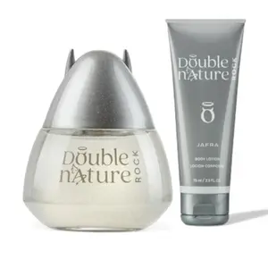 Jafra Double nature rock eau de toilette 3.3 fl oz + body lotion 2.5 fl oz for women glass bottle and box (oriental,vanillic,fruity,red aple,black Cherry,,musk