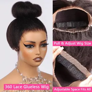 Kinky Straight 360 Lace Pre Cut Glueless Wigs Human Hair Brazilian Yaki Straight 13x6 HD Lace Frontal Wig 360 Lace Pre Plucked Invisible Strap Wigs For Women Half Wig