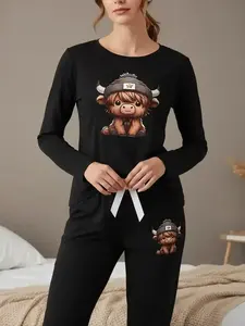 Women's Long Sleeve Pajama Set, Cartoon Highland Cow Print Sleepwear, Fitted Nightwear for Spring & Fall, Casual Home Wear