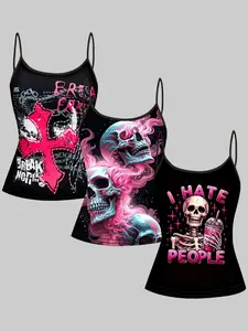 3-Piece Set Sleeveless Strap Vest Top, Casual All-Season Wear, Slim-Fitting Design, Perfect for Daily Home Commute Party