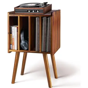 Wooden LP Record Player Stand with 4 Cabinets, Holds up to 100 Vinyls, Metal Record Storage Holder and Organizer Table, Classical Design for Files/Book (Mid-Century Modern)