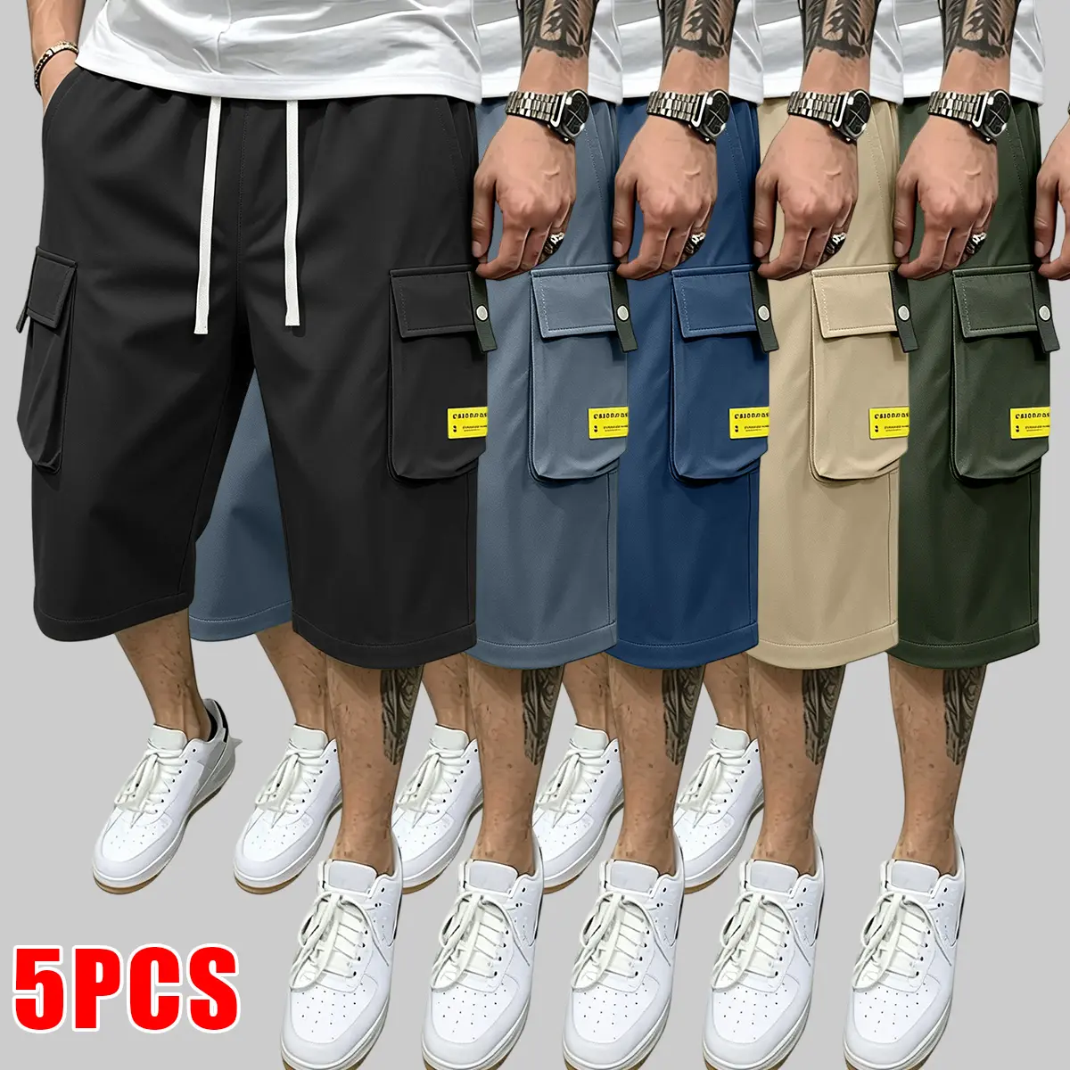 5PCS Men’s Summer Cargo Shorts – “Fashion” brand logo, multiple pockets design, practical work shorts, lightweight breathable casual hiking shorts, outdoor military-style combat shorts, loose fit, suitable for everyday wear, Father’s Day gift idea
