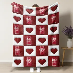 Cute Dr Pepper & Hearts Checkerboard Throw Blanket -Soft Warm Fleece Soda Lover Gifts,Versatile For Sofa, Bed, Office, Camping- Cozy Nap Retro Blanket