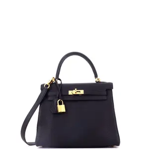 Pre-owned HERMÈS Leather Top Handle Bags Hermes Kelly Handbag Noir Togo with Gold Hardware 25 by Rebag