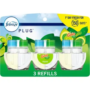 Febreze Plug In Air Freshener, Odor-Fighting Scented Oil Refill, Air Fresheners for Home and Bathroom and Kitchen, Long Lasting for Strong Odors, Gain Original Scent, 0.87oz Refills, 3 Count