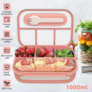 Bento Lunch Box for Adults, 4 Compartment Cute Bento Snack Box Leak Proof, 1000ML Bento Leak-proof Food Storage Pink Lid Reusable