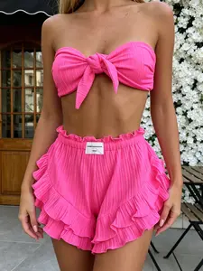 Summer New Knit Solid Color Sexy Ruffled Crop Top and Shorts Set, Slim-Fitting Casual for All Seasons, Trendy Two-Layer Ruffle Design