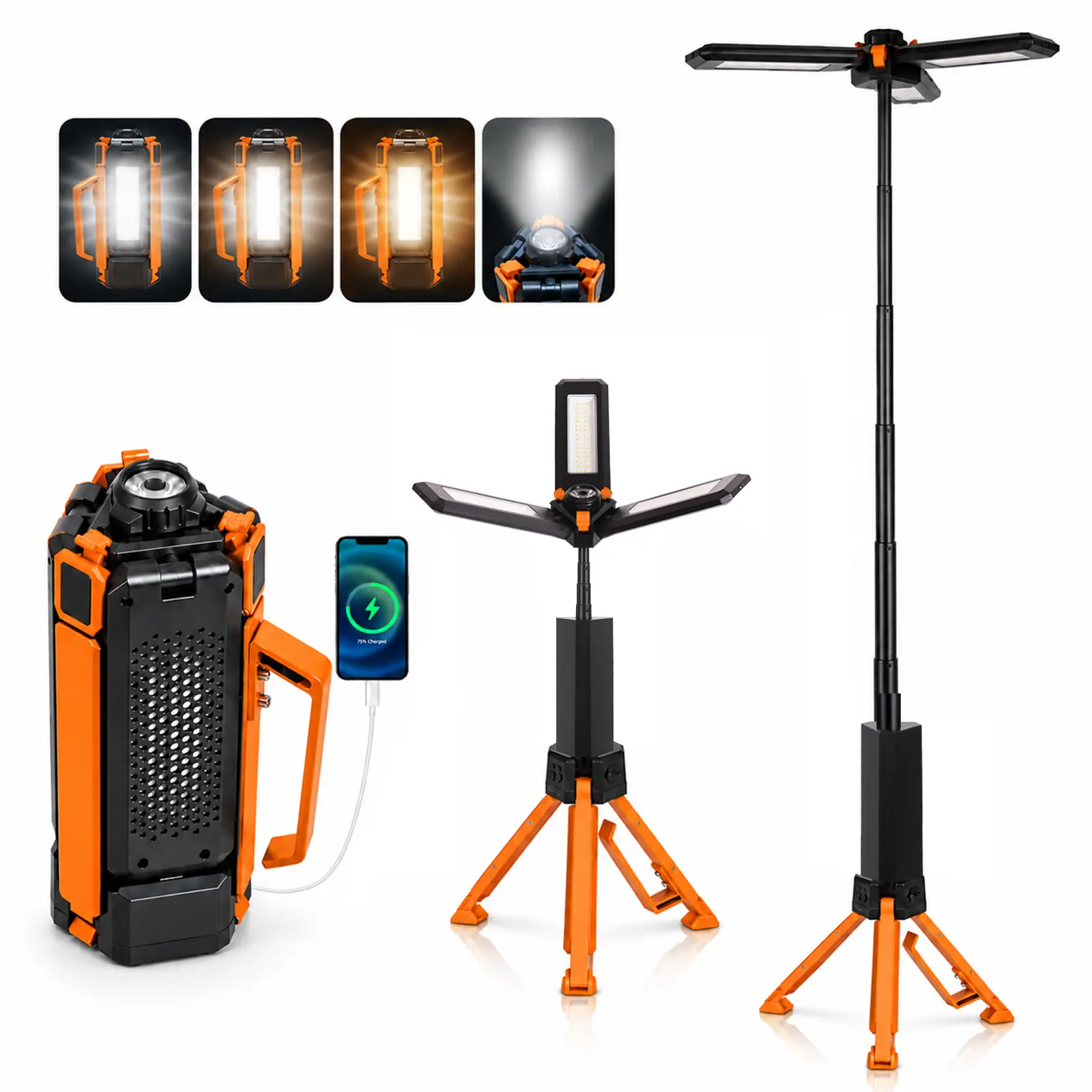CuLiDing 15000mAh Battery-Powered Rechargeable Portable LED Camping Post Light - Telescopic Height-Adjustable Dual-Zone Dimmable Lantern, Reinforced Tripod Base, Power Bank, 3-Mode Flashlight, Outdoor LED Lights for Camping, Hiking