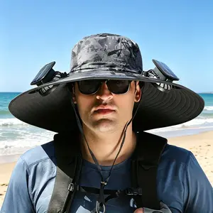 Dual Solar Fan Cooling Hat for Men Women, 2 Fans USB Rechargeable Sun Hat, UPF 50+ Waterproof Breathable Safari Hat for Construction, Golf, Fishing, Gardening, Cycling, Hiking, Portable Sun Cap, Ultimate Father's Day Gift for Dad, Grandpa, Husband