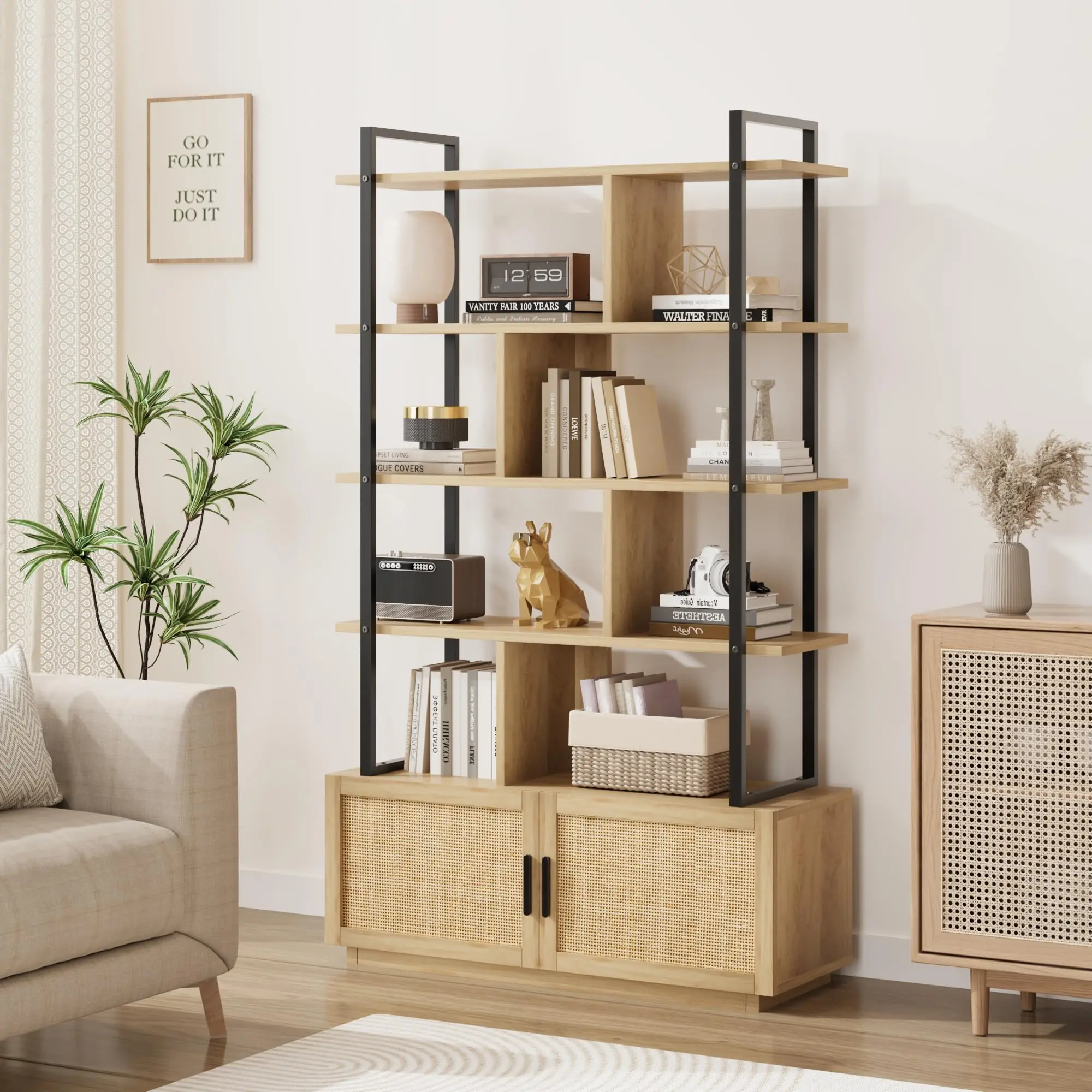Natural Oak Rattan Bookshelf,71.1 Inch Tall Industrial Bookcase with Storage Door, Bookshelves and Bookcases with Open Display Shelves,5 Shelf Bookcase with Metal Frame for Living Room