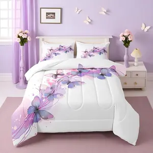 Watercolor Butterfly Comforter Set,Butterflies Bedding Set for Kids Girls Women Adults Purple and Pink Comforter Spring Quilted Duvet Set,Bedroom Collection