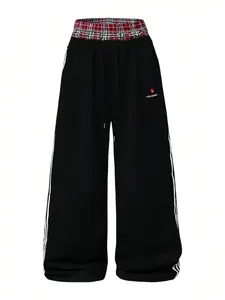 Double Waist Plaid Layered Wide Leg Sweatpants | Y2K Streetwear Baggy Pants with LA Heart Embroidery, 3-Striped Sides, Soft Brushed Fleece, Elastic Drawstring, All-Match for Casual, Dance & Daily OOTD, One-Piece Multi-Wear Style