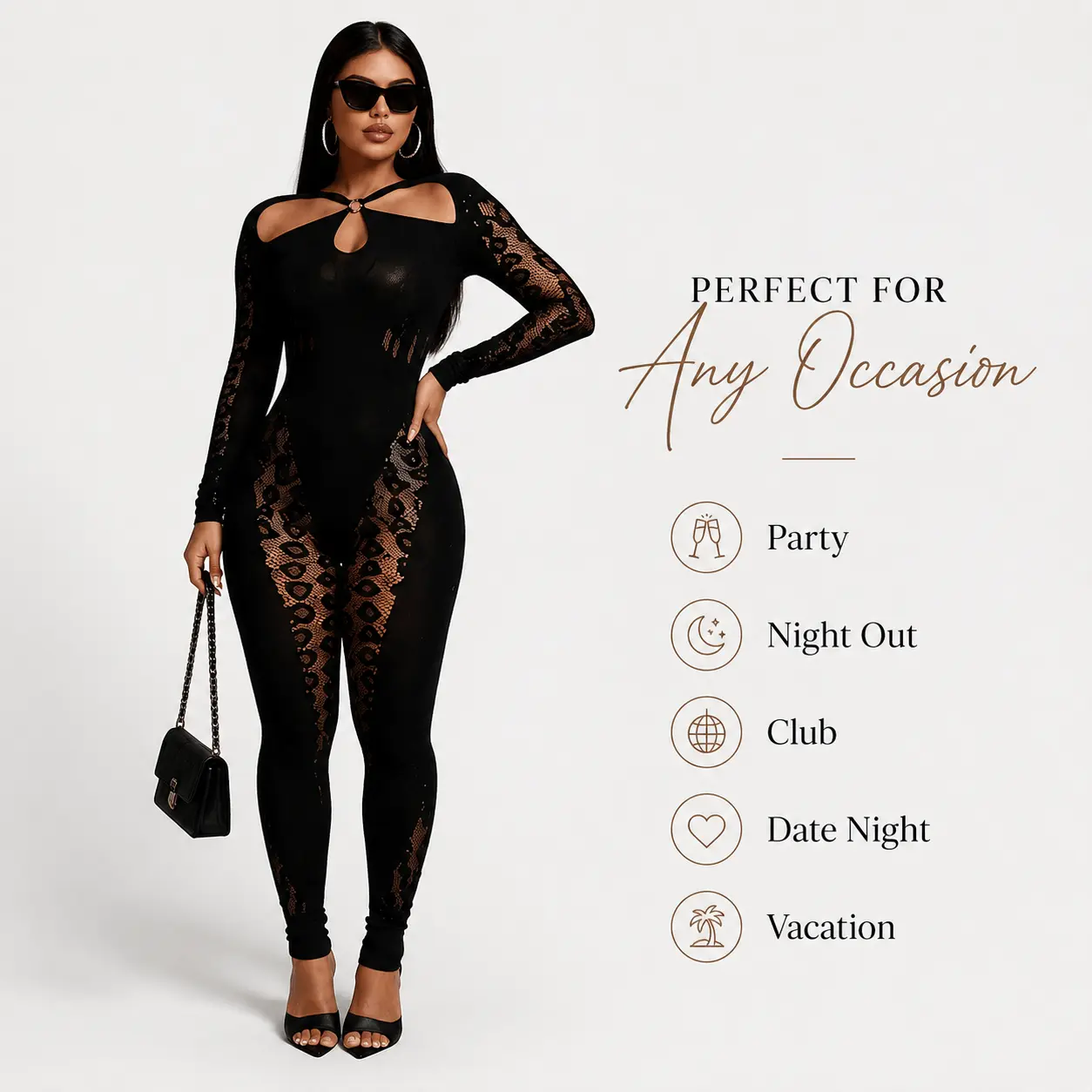 Turn Heads With This Sexy Sheer Cutout Dress - Premium High Stretch Bodycon Fabric Sculpt Your Curves Beautifully, Long Sleeve Design Perfect For Spring Party Club Outings, Elegant Night Outfit For Women Black Bodysuit Womenswear Leopard Clubwear