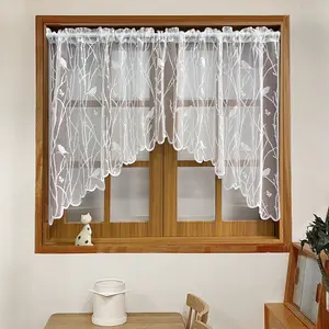 1 PC White Bird Lace Kitchen Sheer Curtain Valances Cafe Curtains Swag Valance Tier for Bathroom Half Window Voile Valances Rod Pocket Window Treatment W59 x L35 Inch