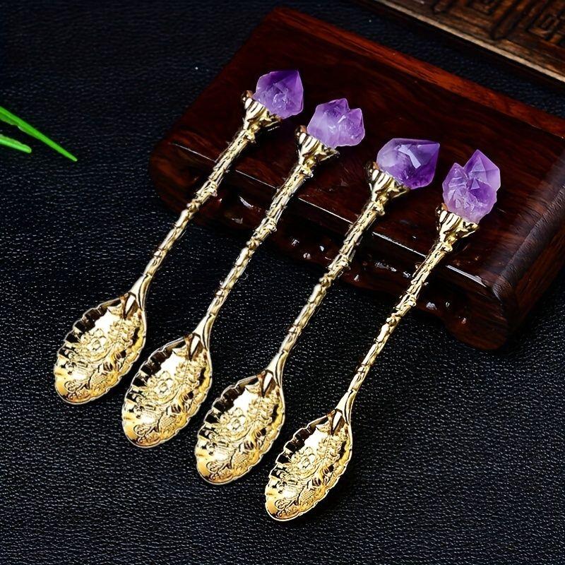 1/2/4/7pcs Natural Amethyst Flower Coffee Spoons Decorative Tea Spoons, Purple Crystal Spoons,Vintage Carved Spoons Dessert Spoon Ice Cream Spoons Hand Polished Raw Stone Crystal,Lucky home