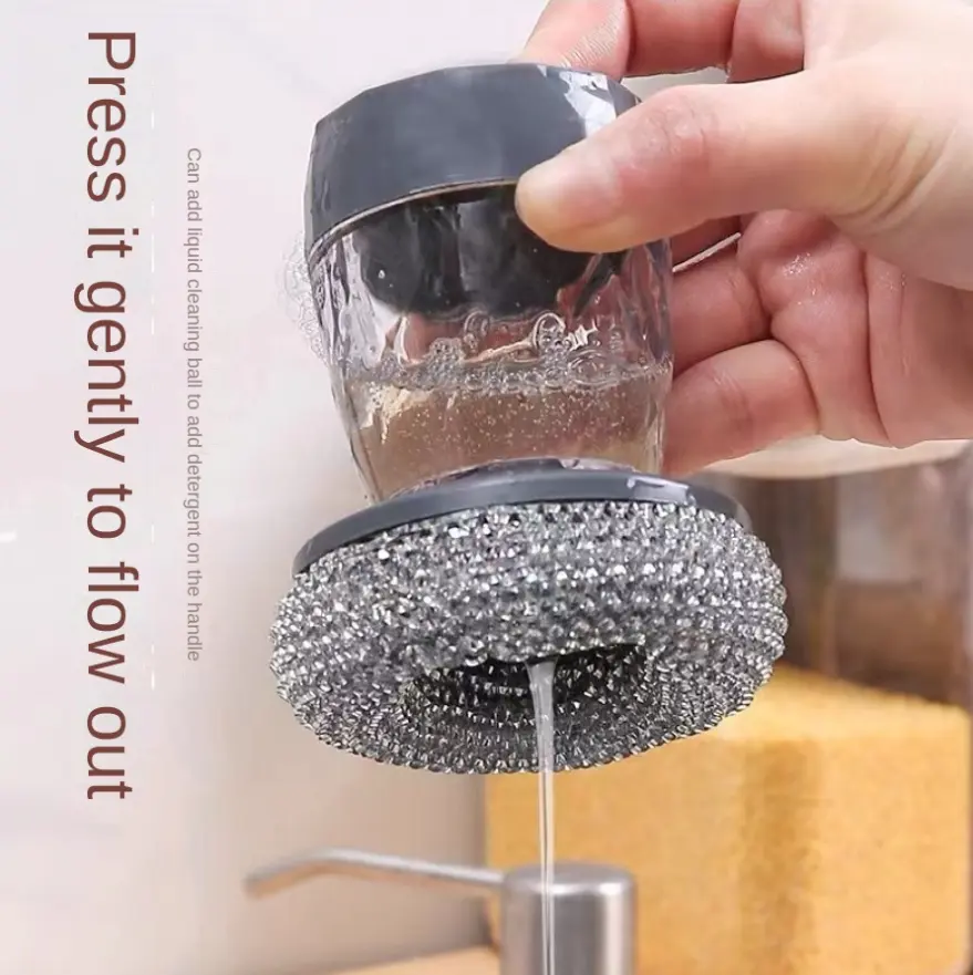 Press-to-Dispense Dish Scrubber - Refillable Liquid Soap Dispensing Cleaning Brush with Replaceable PET Scrub Balls for Kitchen Pots, Pans