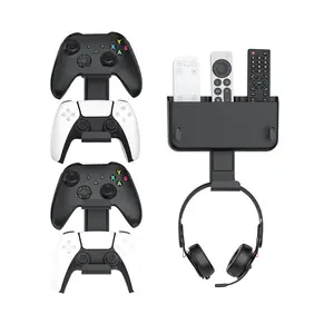 Controller & Headset & Remote Holder Wall Mount with No Drill, 2 Packs Gaming 4 Controllers Hanger Hook Mount for PS5/PS4/XBOX/Switch, Headphone Stand & Remote Control Holer Wall Shelf with Adhesives
