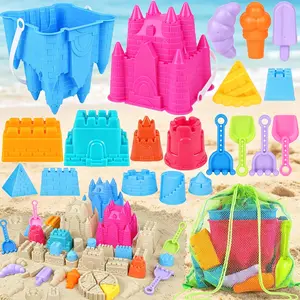 Beach Sand Toys for Kids Toddlers Age 3-10, Sand Castle Building Kit with 2 Buckets, Shovels, Rakes, Sand Molds & Mesh Bag, Portable Travel Sandbox Toys, Summer Outdoor Beach Essentials for Boys Girls