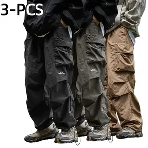3-Pack Men's Stylish Baggy Cargo Pants, Plain Mens Clothing, Hip-Hop Parachute-Style Loose Fit, Lightweight Water-Resistant with Pockets, All Seasons Mens Bottoms,summervibes
