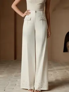 A women's beige high-waisted fashionable wide-leg suit pants, Casual Palazzo Pants, with double pockets and beaded design, suitable for summer, daily commuting, and casual wear.