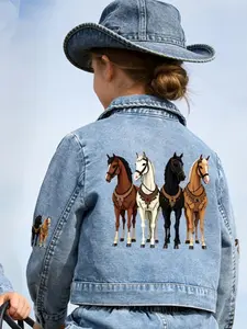 Adorable Girl Denim Jacket, Western Style with Horse Print, Light Blue Washed Fabric, Breathable & Comfortable, Ages 1-8, Perfect for School & Parties, Jean Coat