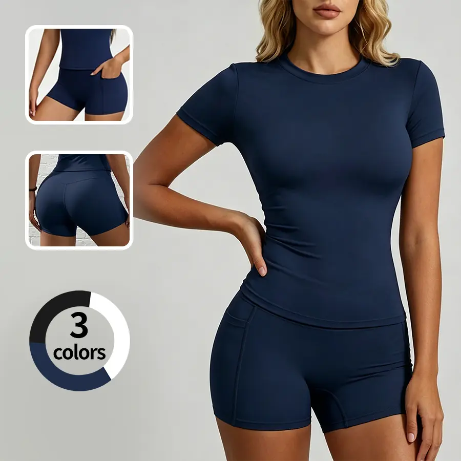 Women’s sports set: stretchy short-sleeve T-shirt + slim shorts with side pockets. Cooling, skin-friendly, breathable fabric with silky stretch; suitable for the gym, yoga, and running. Moisture-wicking, versatile everyday fitness short-sleeve top.