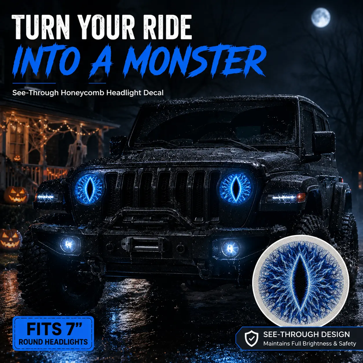 7 in Peel-and-Stick Car Headlight Stickers, Perforated Honeycomb Hole Design for Round Headlights, See-Through Light-Passing Feature for Custom Eye-Catching Effects