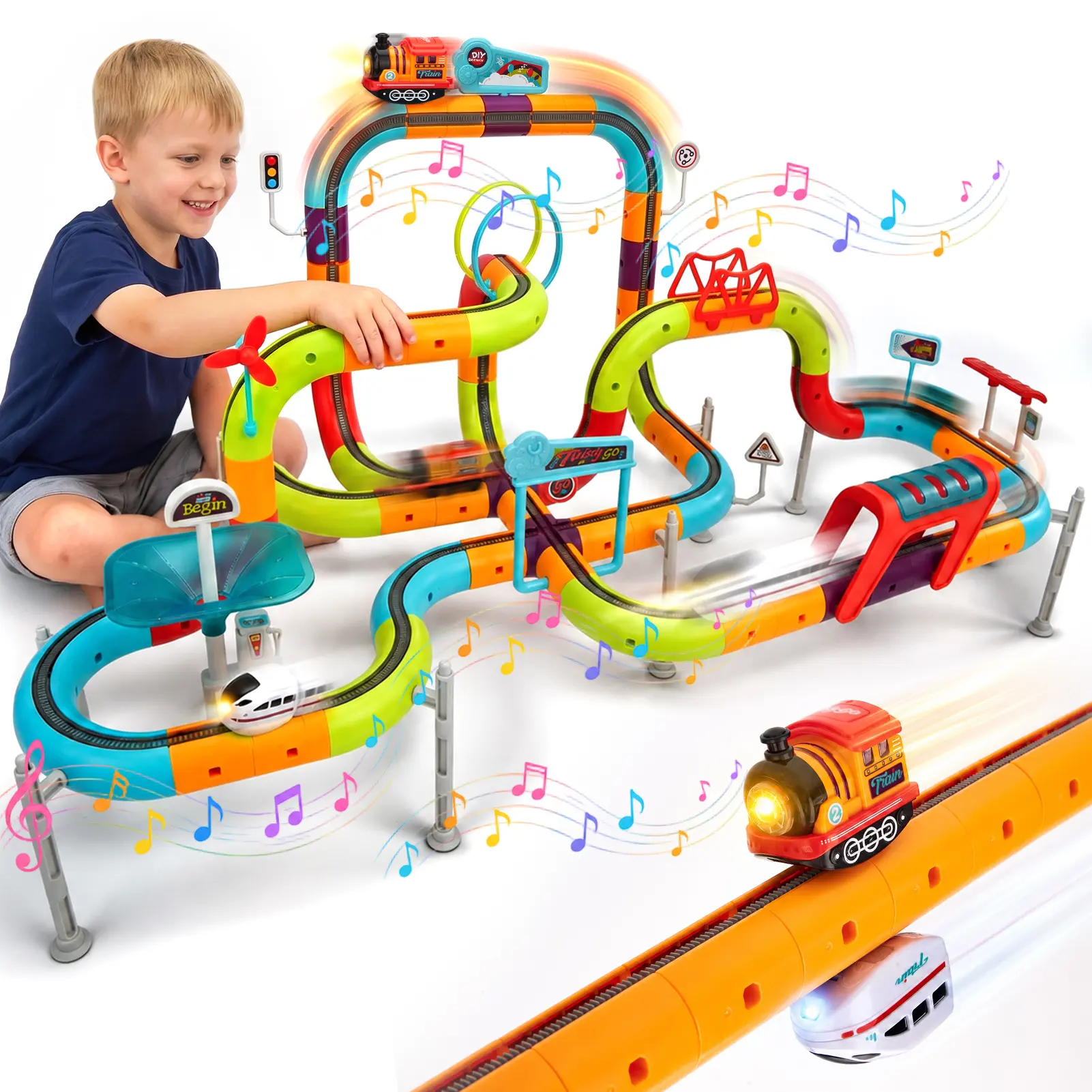 Hahaland Model Train Building Block Set - 115Pcs/64Pcs Anti-Gravity 3D Track, 2 Rechargeable Lighted Musical Cars, BPA-Free Plastic STEM Transportation Kids Toys, Beginner-Friendly Christmas Gift for 3-6 Years,#backtoschool,gift ideas for kids