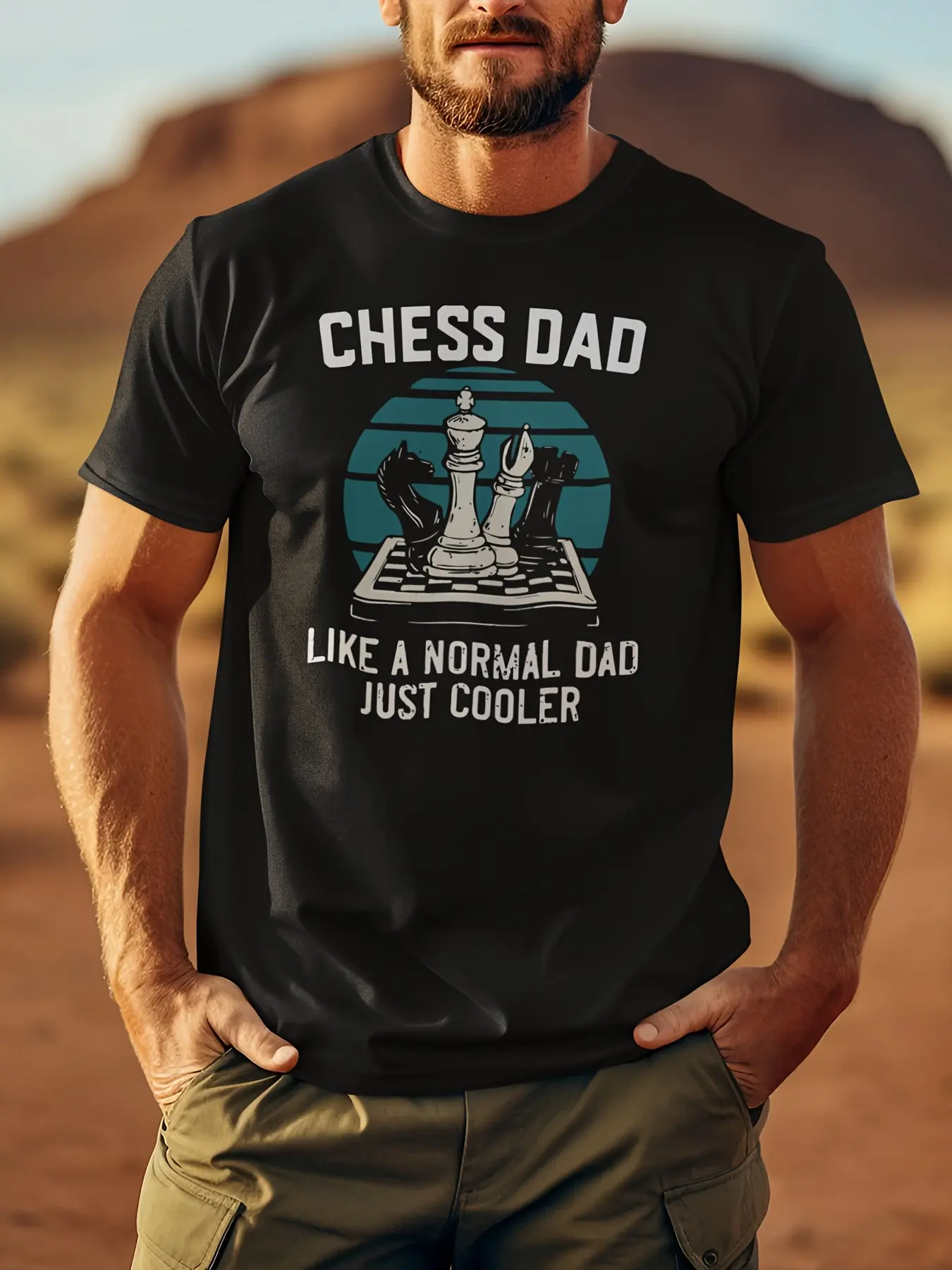 Men's Quality Chess Pieces Dad Pattern T-shirt-Casua Round Neck Short Sleeves T-shirt-Heavy Knitted Fabric- Normal Version Suitable for All Seasons-Gift to Chess Fans