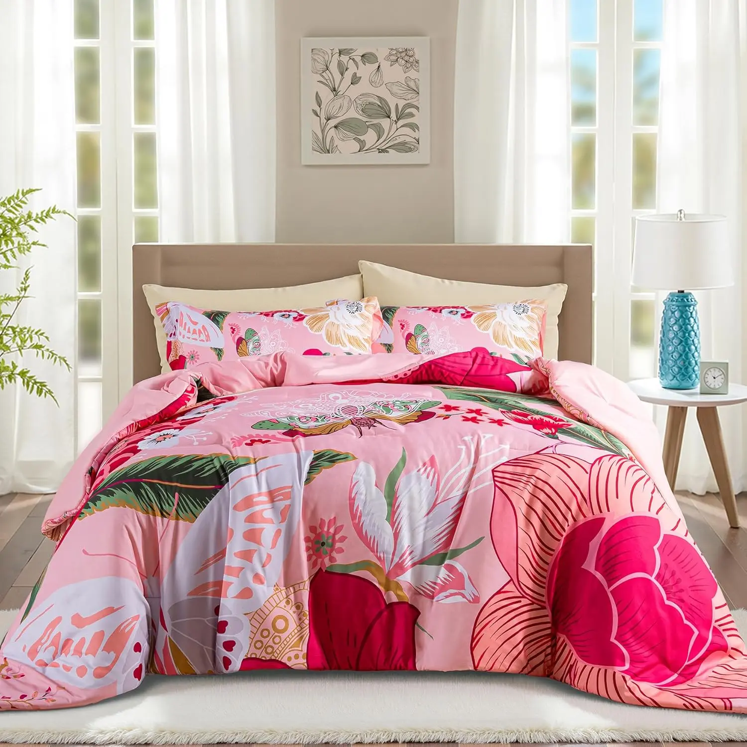 Boho Floral  Comforter Set - 3 count Farmhouse Botanical Bedding Comforter Sets for  Season Soft Lightweight Mid Century Modern Bed Set, (1 Reversible Comforter and 2 Pillow Shams