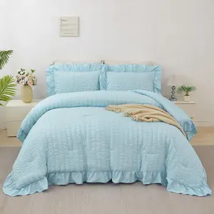 Blue Ruffle Bedding Set Seersucker Full Size Bed in A Bag 5 Pieces Soft Bed Set All Ruffled Comforter Set for Girls Room(Blue, Full)