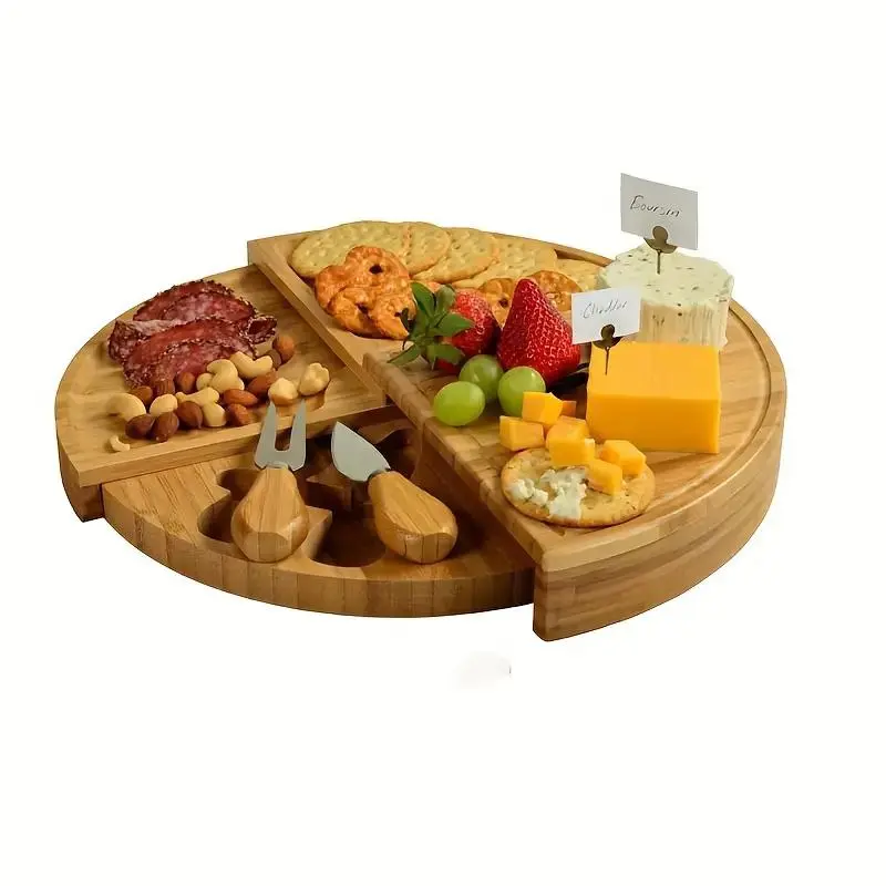 Bamboo Charcuterie Board, 1 Count Rotating Cheese Board with Tools, Multifunctional Cheese Plate for Home Kitchen Party Picnic, Chopping