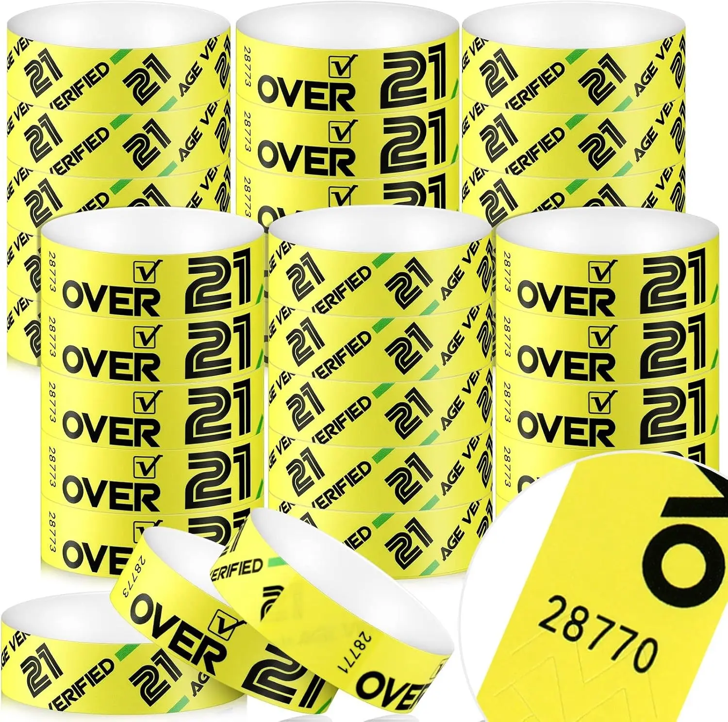 600 Pack Over 21 Age Verified Wristbands for Events with Security Number, Waterproof Neon Verified Wristband for Bar KTV Casino Bachelorette Party Concert Occasion Entrance (Yellow)