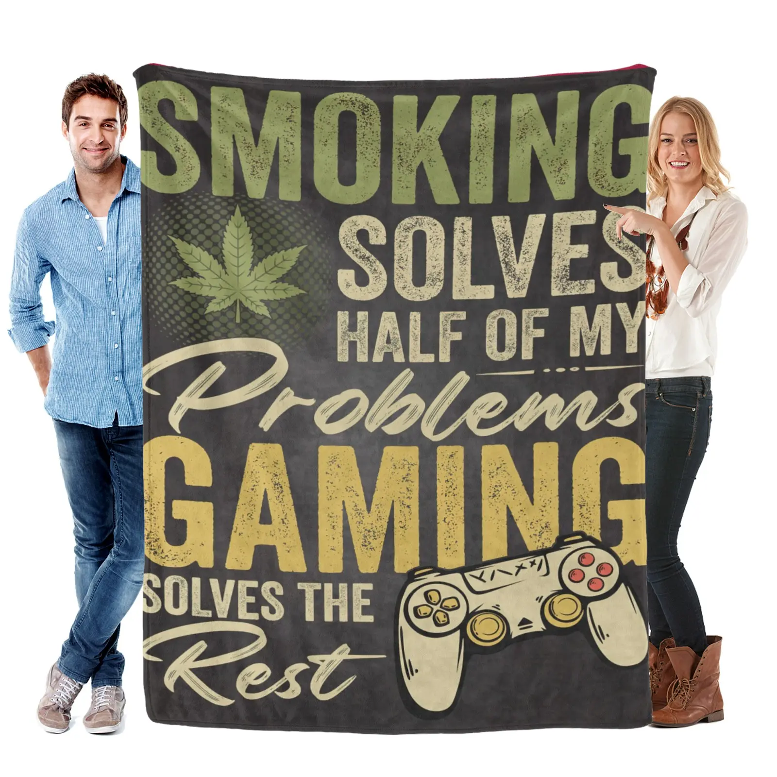 Funny Gaming & Smoking Throw Blanket – Weed Leaf Gamer Blanket with Retro Quote, Soft Cozy Fleece Blanket for Men, Gamers, Stoners, Bedroom & Couch Décor, Cool Gifts for Him