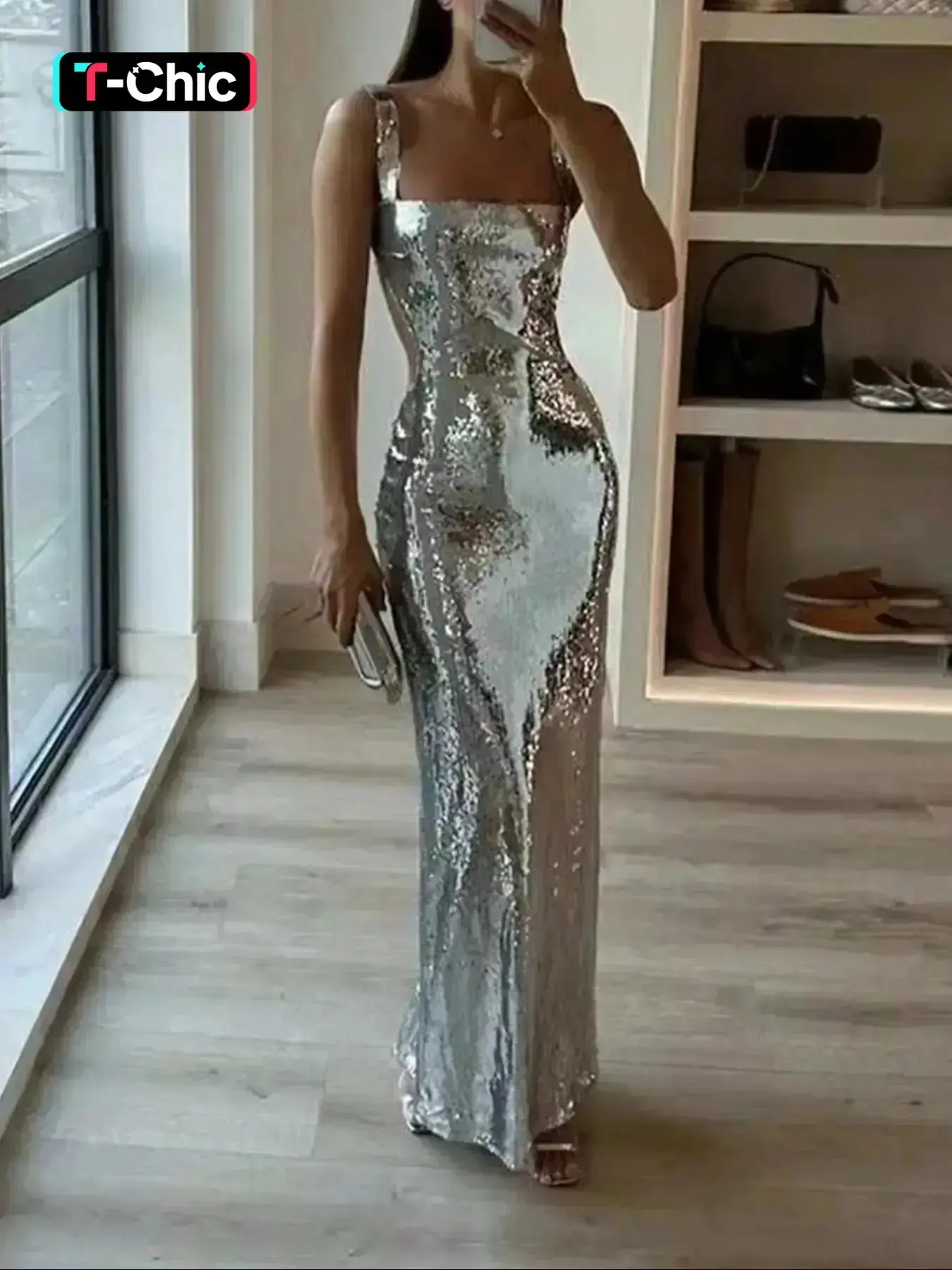 Women's Glitter Sequins Evening Dress, Elegant Sleeveless Evening Party Gown, Ladies Clothes for All Seasons, Formal Wear, Womenswear, Chic Elegant Fit, Chic Elegant Fitted, Evening Party Dresses