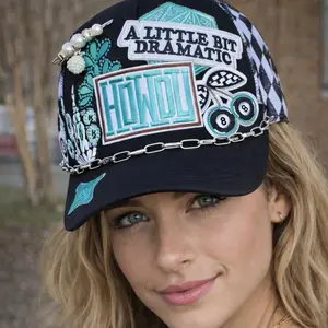 Howdy Trucker Patch Hat with Bling - Black and White Checkered Design, Iron-On Patches, Dazzling Chain, Beaded Pin Bling, Perfect for Rodeos