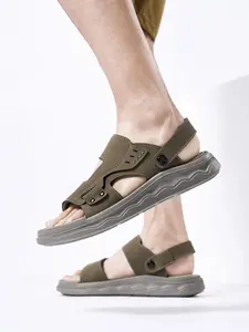 Men's Solid Color Dual-Wear Velcro Sandals Thick-Soled Breathable Beach Shoes Non-Slip Wear-Resistant Outdoor Water-Slippers